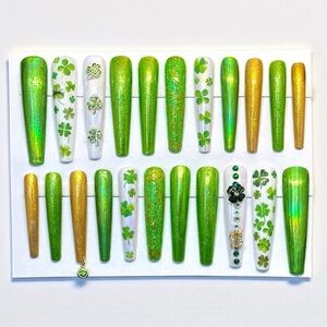 Handmade Custom Press On Nails 2X Long Coffin Bling Green St Patrick’s Day Nails